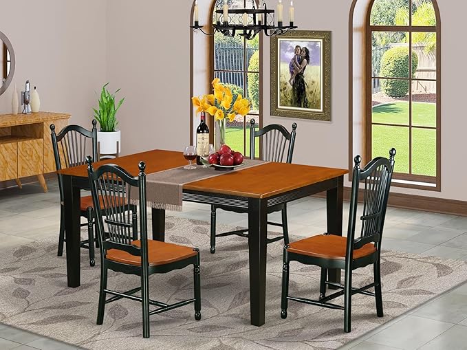 East West Furniture QUDO5-BCH-W 5 Piece Modern Dining Table Set Includes a Rectangle Wooden Table with Butterfly Leaf and 4 Dining Room Chairs, 40x78 Inch, Black & Cherry