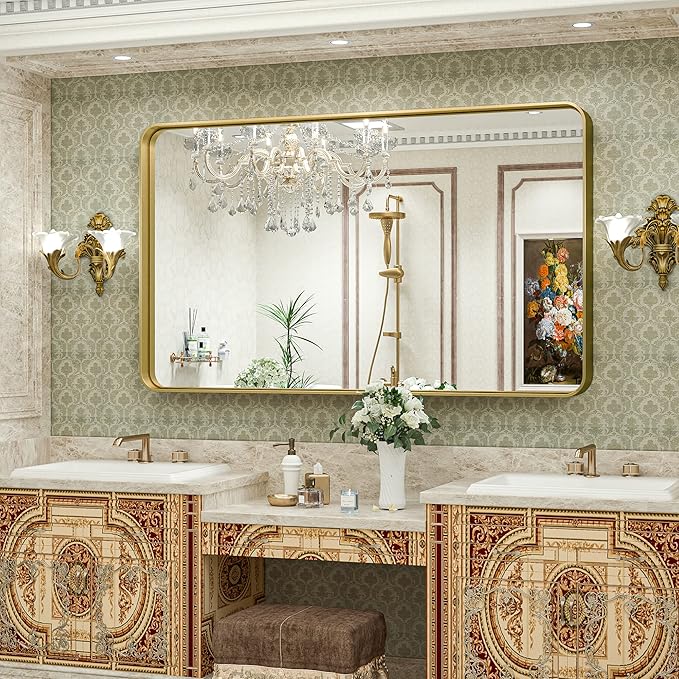 TokeShimi Gold Bathroom Mirror for Wall 48 x 30 Inch Metal Rounded Corner Rectangle Mirror Wall Mirror in Aluminum Alloy Metal Frame Deep Set Design Hangs Horizontal Or Vertical