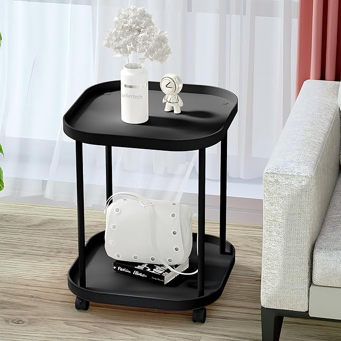 Side Table with Wheels, End Table Living Room Plastic Mobile Sofa Side Table Small Night Stand Bedroom Black (2 Pack)