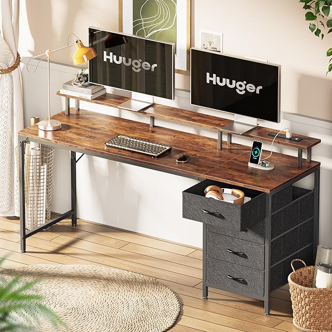 Huuger 63 Inch Rustic Brown Gaming & Office Computer Desk with 4 Drawers, Monitor Stand, LED Lights & Power Outlets