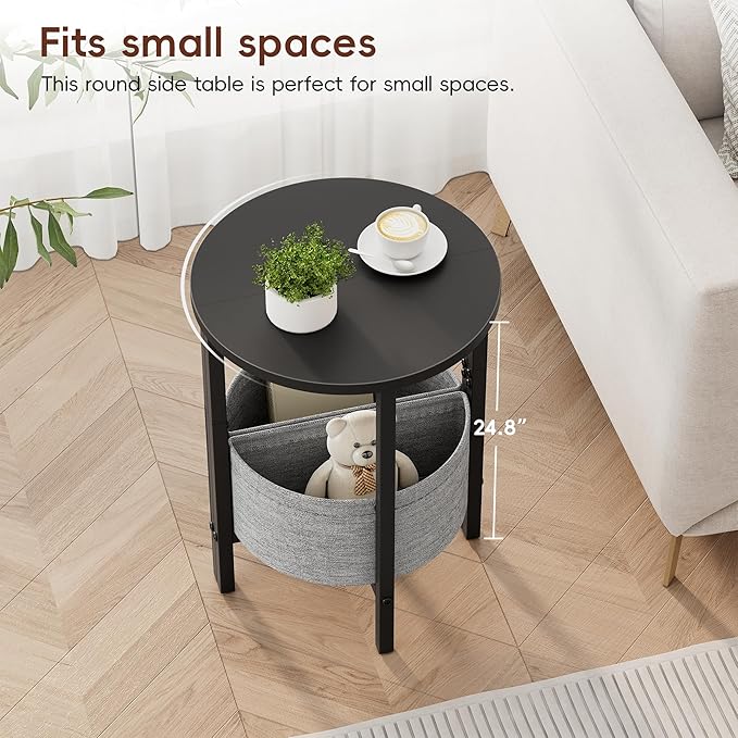Vagusicc Small Round Side Table End Table, Tall Accent Table with Storage Basket, Set of 2 Half Round Tables Half Moon Tables, Coffee Bedside Tables, Modern Nightstand for Living Room Bedroom, Black