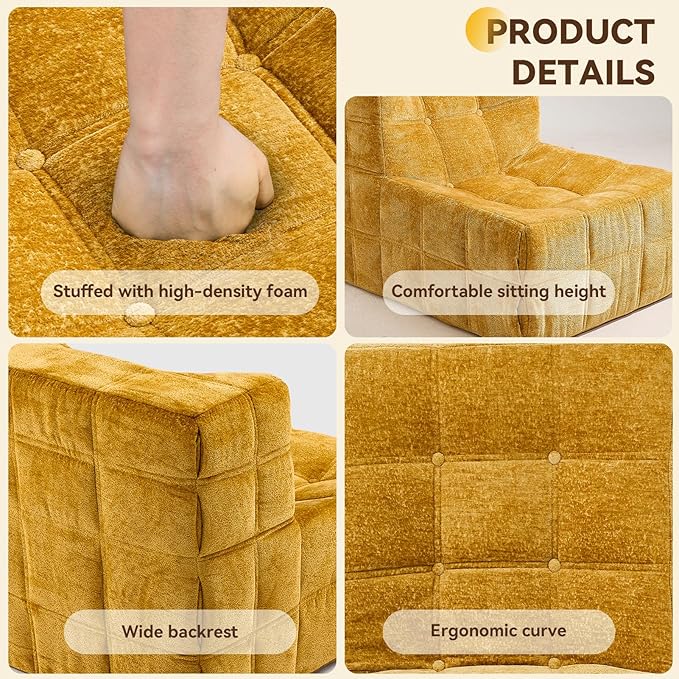 Bean Bag Chair, Soft Chenille Pre-Filled Lazy Chair Floor Sofa Bean Bag Chair for Adults and Teens, Accent Chair for Living Room Bedroom Apartment (Yellow)