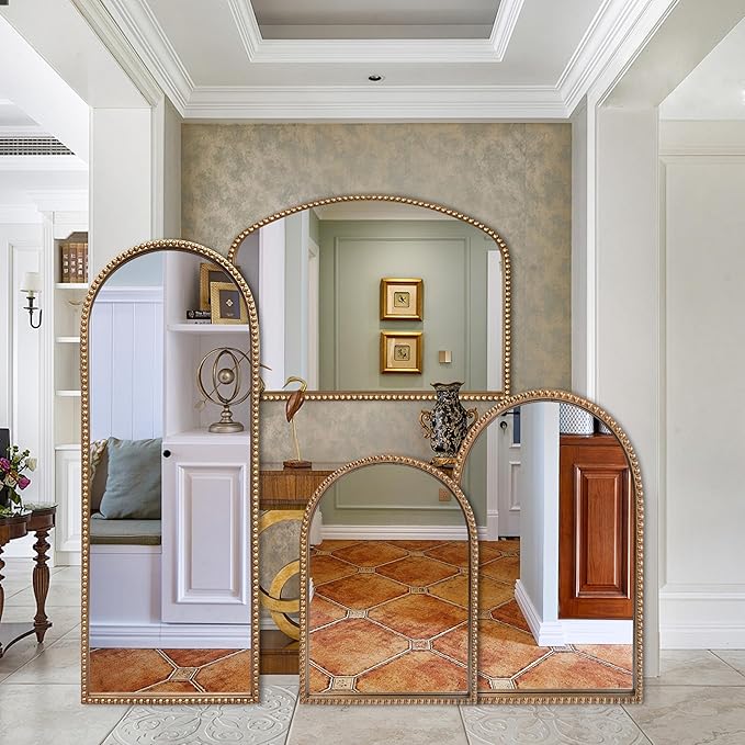 Vintage Full Length Wall Mirror, Large Gold Arch Floor Mirror 20"X53" with Antique Beaded Metal Frame for Dresser Living Room, Decorative Mirrors for Entryway Hallway Bathroom