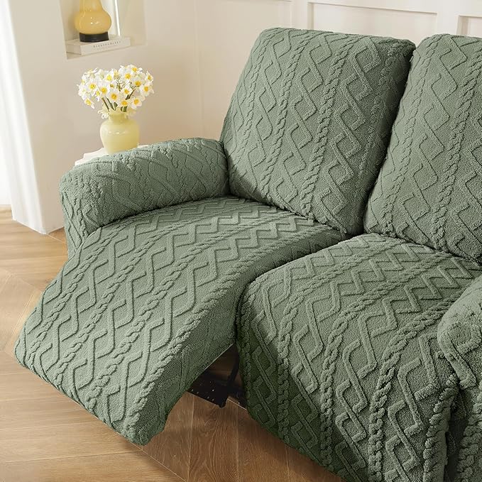 vctops 6 Pieces Geometric Jacquard Plush Recliner Loveseat Slipcovers Soft Fuzzy Fluffy Sofa Couch Cover Anti-Slip Furniture Protector with Elastic Bottom for Kids Cats Dogs(Green,2 Seat)