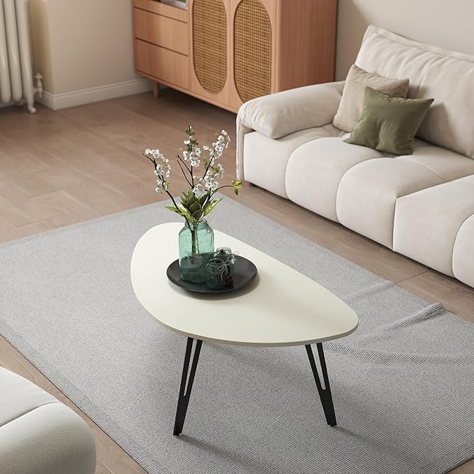 Manora Small Oval Coffee Table White, Modern Coffee Tables for Living Room, Office Coffee Table Small Space, Minimalist Center Table, Tea Table, Easy Assembly