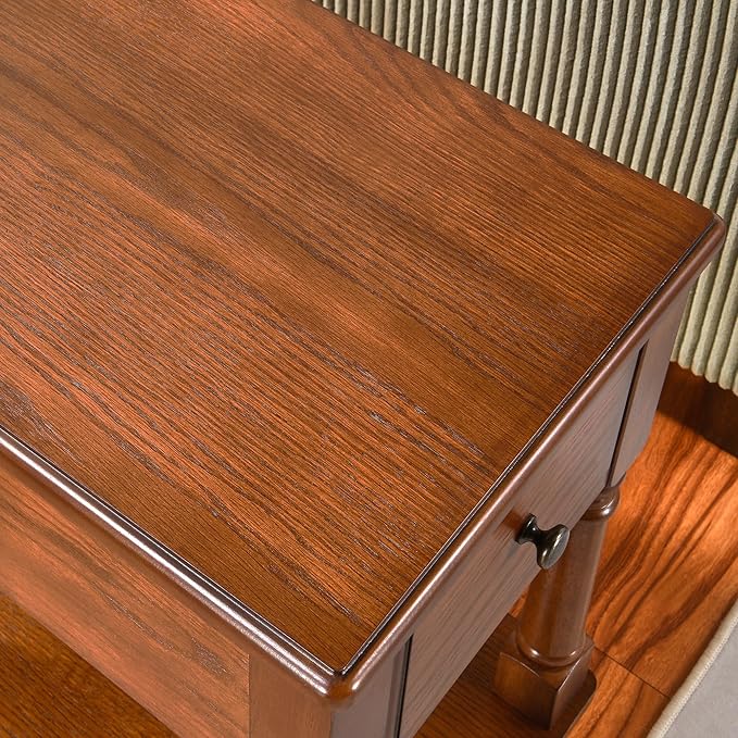 LEEMTORIG Solid Wood End Table Narrow Side Table with Drawer, Cherry Wood End Table living room, 13"W Slim Bedside Table Small Nightstand, 22"D x 22.3"H, No-tools Assembly, Beeswax Brown BBJ-004-DR