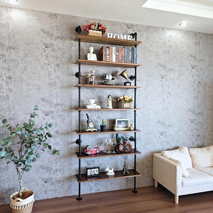 7 Tier Industrial Ladder Shelf Bookcase, Wall Mounted Rustic Bookshelf for Living Room Decor and Storage (Walnut Color, 7 Tier - 10" D x 36" W x 95.5" H)