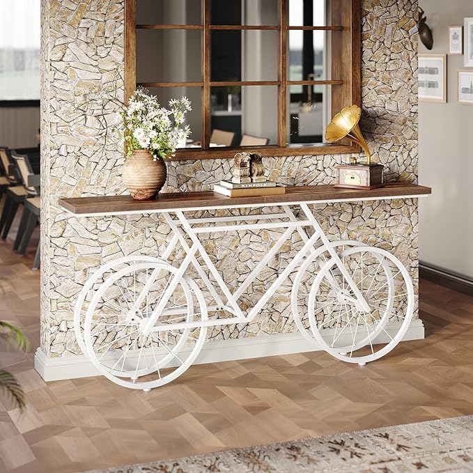 LITTLE TREE Narrow Sofa Table, 70.9-Inch Extra Long Console Table for Living Room, Entryway, with Unique Bicycle Metal Base. White and Brown