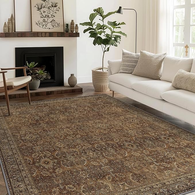 8X10 Area Rugs Machine Washable Rugs for Living Room, Vintage Boho Large Rugs for Bedroom Dining Room, Non Slip Indoor Soft Distressed Lightweight Thin Low Pile Carpet, Rustic Brown