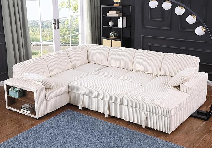 Eafurn Oversized Convertible U Shaped Sleeper Sectional Sofa Pull Out Couch Bed, 6 Seater Corduroy Upholstered Pullout Lounge Sofa Couch Sofabed w/Storage Chaise, Shelves for Living Room Apartment