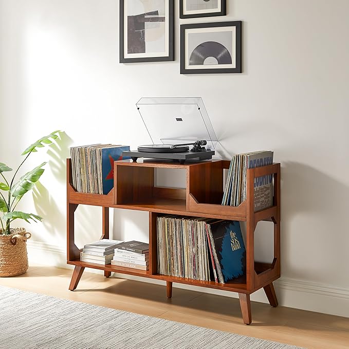 Crosley Furniture Asheville Mid-Century Modern Media Console Record Player Stand, Storage for Vinyl Records, Large, Walnut