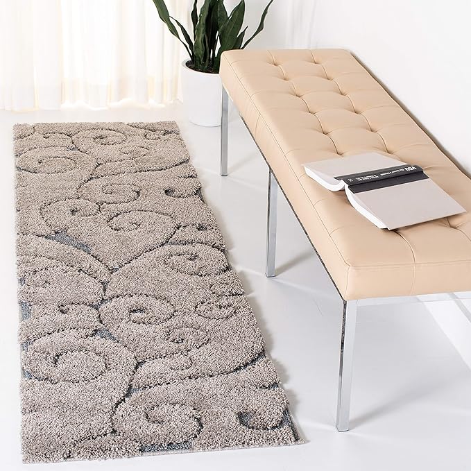 SAFAVIEH Florida Shag Collection Runner Rug - 2'3" x 7', Grey & Light Blue, Scroll Design, Non-Shedding & Easy Care, 1.2-inch Thick Ideal for High Traffic Areas in Living Room, Bedroom (SG455-1160)
