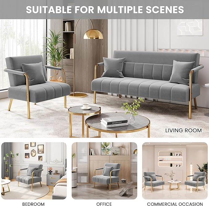 Yaheetech 30" W Modern Sofa Small Sofa Luxurious Velvet Fabric Couch with Gold-Tone Metal Arms and Legs for Living Room, Home Office, Studio Light Gray