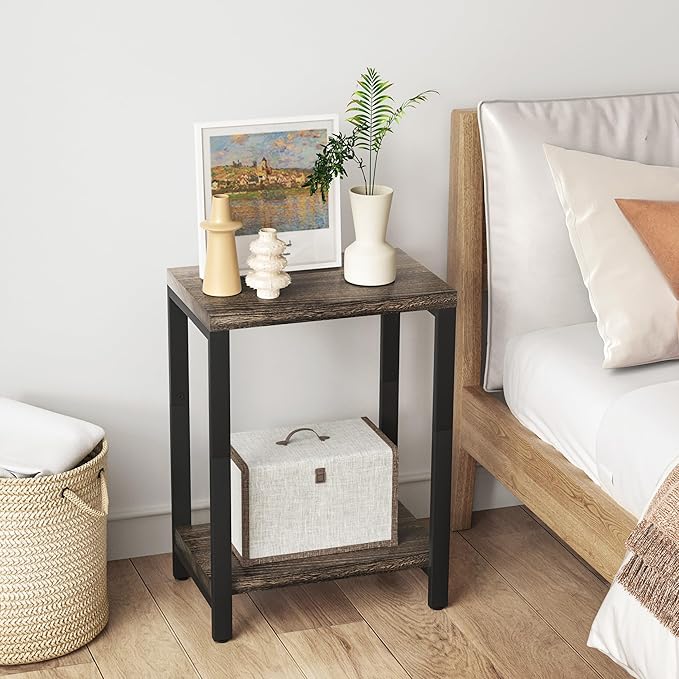 Real Solid Wood End Tables, Side Tables, Small Table with 2-Tier Storage Shelf, Nightstand for Living Room, Bedroom, Office, Bathroom