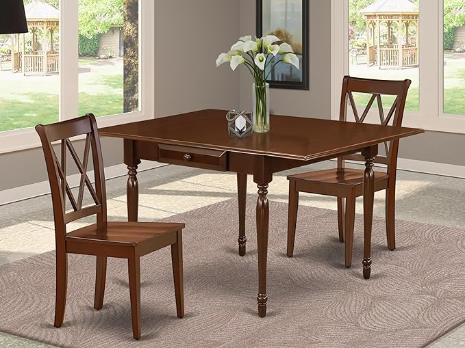 East West Furniture MZCL3-MAH-W 3 Piece Kitchen Table Set for Small Spaces Contains a Rectangle Dining Room Table with Dropleaf and 2 Solid Wood Seat Chairs, 36x54 Inch, Mahogany