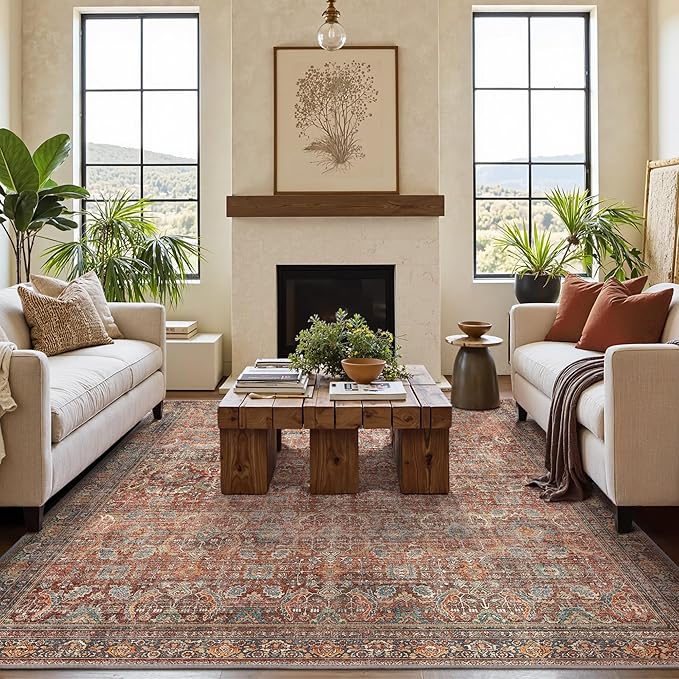 GENIMO 4x6 Area Rugs for Living Room, Machine Washable Non Slip Vintage Rugs, Low Pile Lightweight Chenille Print Rug for Bedroom, Dining Room, Home Office, Terracotta Indigo