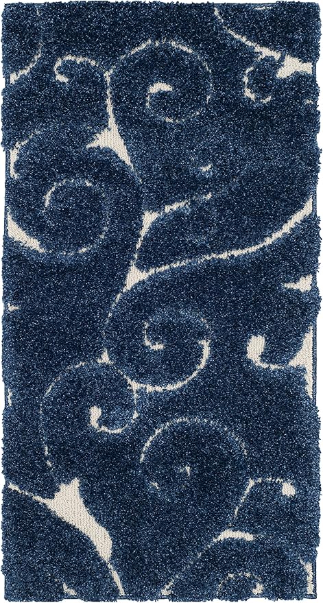 SAFAVIEH Florida Shag Collection Accent Rug - 2'3" x 5', Dark Blue & Cream, Scroll, Non-Shedding & Easy Care, 1.2-inch Thick Ideal for High Traffic Areas in Entryway, Living Room, Bedroom (SG455-6511)