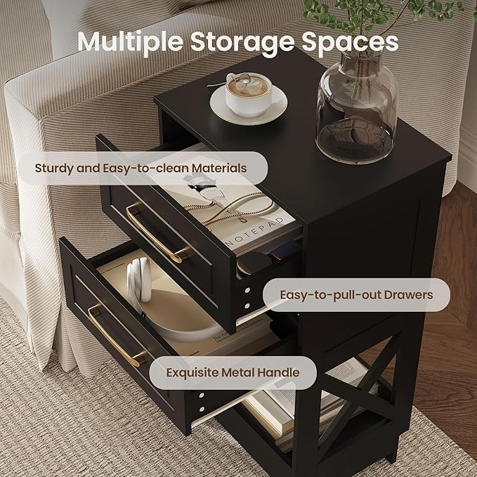 Tall Nightstand Set of 2 Side Table with 2 Drawers Modern Night Stand Wooden End Table Bedside Table with Below Open Shelf Solid Feet for Bedroom, Living Room, Black