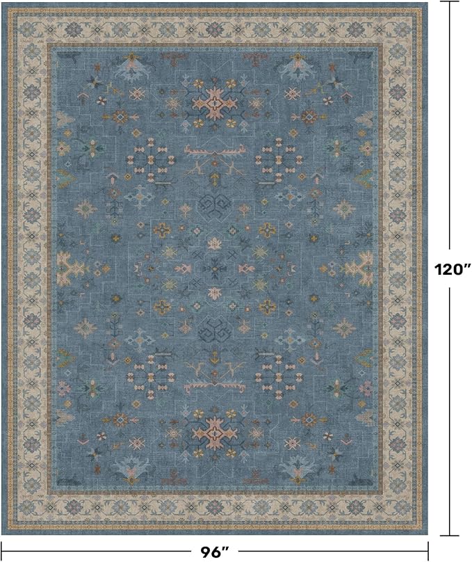 Boho 8x10 Large Area Rugs for Living Room - Eclectic Dusky Blue Rug for Bedroom Under Bed, Dining Room Under Kitchen Table, Washable Soft Non Slip Unique Colorful Indoor Décor