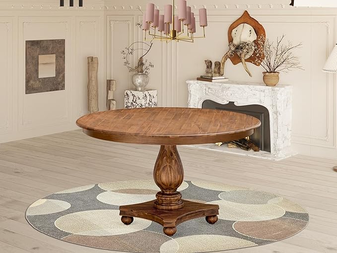 F52-0N-TP - Kitchen Table with Acacia Wood Round Tabletop, Antique Walnut Finish