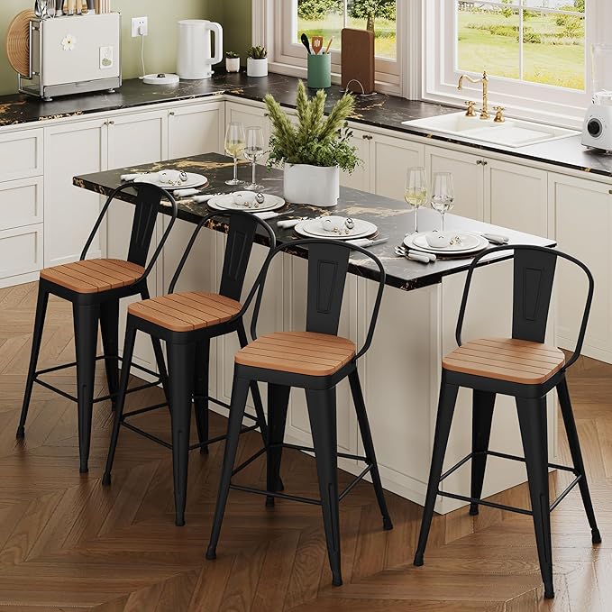 Outdoor Metal Bar Stools Set of 4,30 inch Barstools Counter Height Bar Stool with High Back Farmhouse Kitchen Dining Chairs Bar Funiture for Outside
