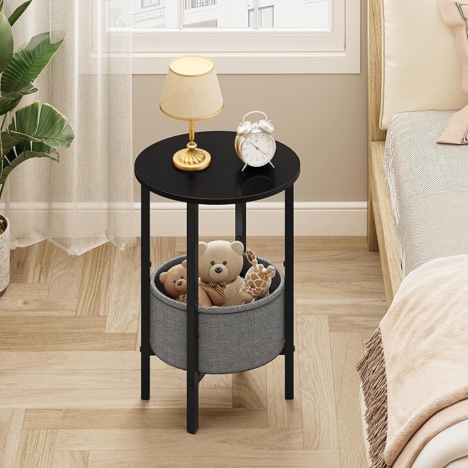 Vagusicc Round Side Table End Table with Storage Basket, Small Side Table Round Nightstand for Small Spaces, Tall Oval End Table with Steel Frame, Coffee Bedside Table for Living Room Bedroom, Black