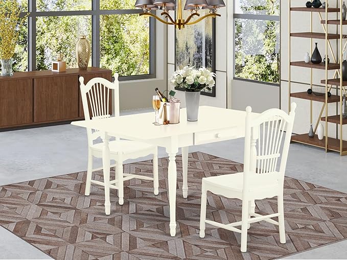 East West Furniture MZDO3-LWH-W 3 Piece Dining Set Contains a Rectangle Dining Room Table with Dropleaf and 2 Wood Seat Chairs, 36x54 Inch, Linen White