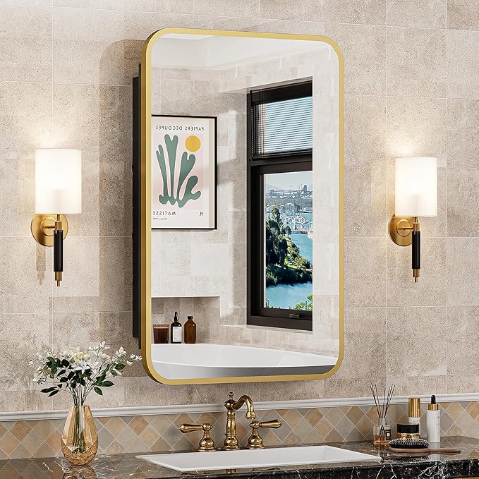 16x24 Inch Mirror Medicine Cabinet for Bathroom Gold Metal Frame Bathroom Medicine Cabinet with Mirror Recessed or Wall Mounted