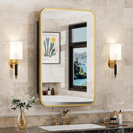16x24 Inch Mirror Medicine Cabinet for Bathroom Gold Metal Frame Bathroom Medicine Cabinet with Mirror Recessed or Wall Mounted