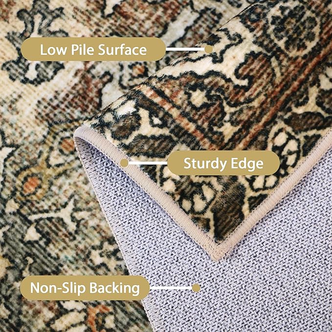 8X10 Area Rugs Machine Washable Rugs for Living Room, Vintage Boho Large Rugs for Bedroom Dining Room, Non Slip Indoor Soft Distressed Lightweight Thin Low Pile Carpet, Green Faded Red