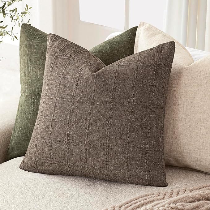 Foindtower Set of 2 Decorative Linen Check Throw Pillow Covers Neutral Farmhouse Vintage Cushion Covers Modern Boho Home Decor for Sofa Chair Couch Bedroom Living Room Outdoor,24×24 Inch,Taupe Grey