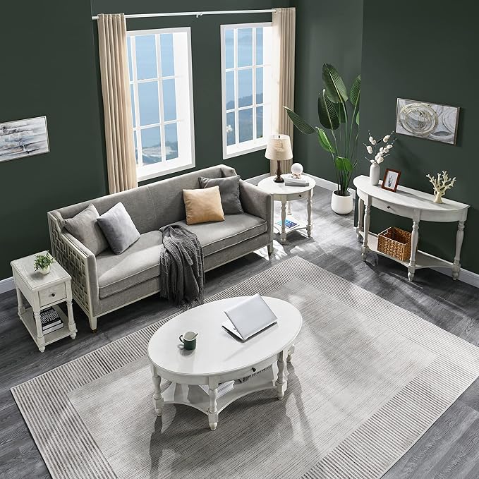 LEEMTORIG Oval Round End Table with Drawer, 2-Tier Solid Wood End Tables, Victorian Antique Nightstand Bedside Table for Bedroom, 28" W x 22" D x 24.2" H, Grey White (not Pure White), CJZ-2233-RW