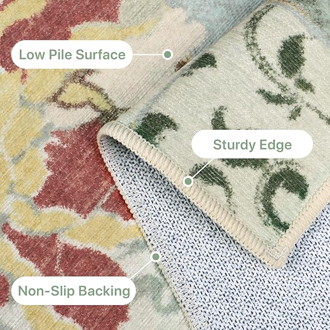 GENIMO Floral Runner Rug 2X6, Machine Washable Non Slip Vintage Patchwork Hallway Runner, Ultra-Thin Low Pile Runners for Indoor Entryway, Hallway, Kitchen and Corridor, Celadon Green