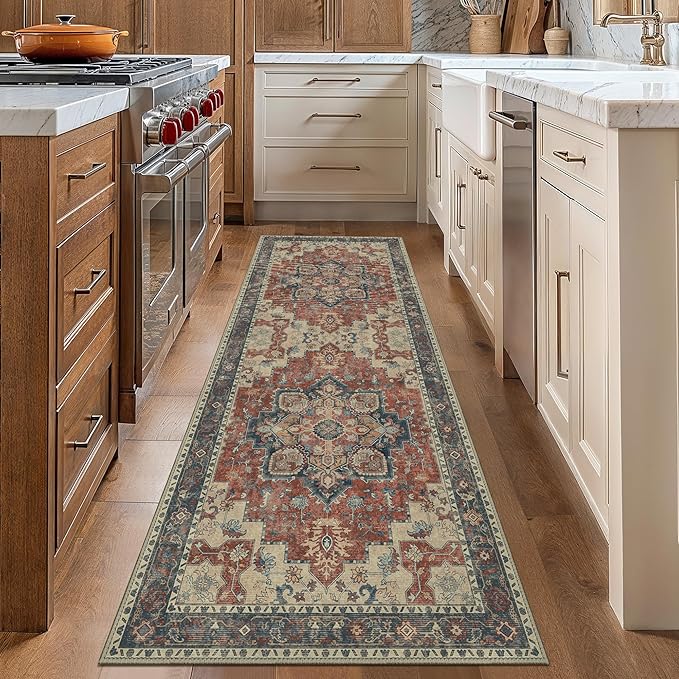 GENIMO 2x8 Runner Rugs for Hallway, Machine Washable Non Slip Vintage Rugs, Low Pile Lightweight Soft Print Rug for enrtyway, Corridor, Home Office, Kitchen, Bordeaux