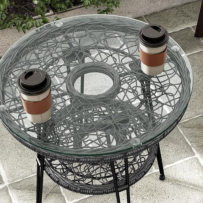 Muse & Lounge Co. Ysar Boho 19-inch Round Coffee Table Outdoor with Tempered Glass Top and Metal Frame, Handcrafted Coastal Furniture for Patio, Poolside, Garden, Yard, Black