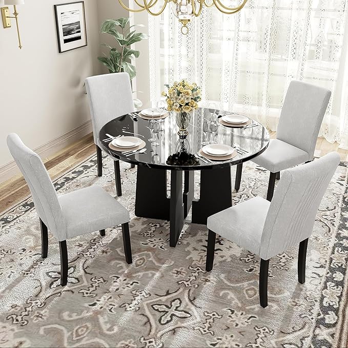 Ball & Cast Dining Table Set for 4 W/ 4 Upholstered Chairs,5 Piece Dining Table W/ 43" Round Faux Marble Table,Kitchen Table and Chairs for Living Room,Dining Room,Restaurant,Beige+Black