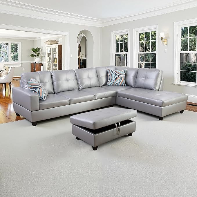 NicBex Sectional Couch 3 Pieces Sofa Set with Left Chaise Synthetic Leather L Shaped Cloud Couch for Living Room Furniture Sets with Storage Ottoman, Modular Sofa for Living Room & Apartment, Silver