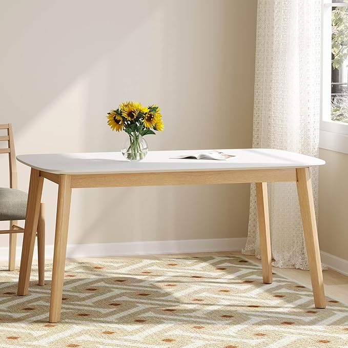 5-Piece Dining Set, Mid-Century Modern Solid Wood Table & Chair Set for 4, Kitchen, Dining Room, Restaurant, Natural Oak+Gray
