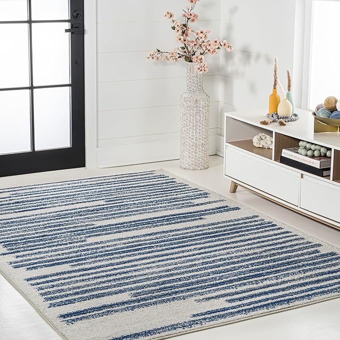 JONATHAN Y Khalil Modern Berber Stripe Cream/Navy Indoor Area Rug, 4x6, Contemporary, Bohemian, Easy-Cleaning for Living Room, Bedroom, Kitchen, Pet Friendly, Non-Shedding (MOH207E-4)