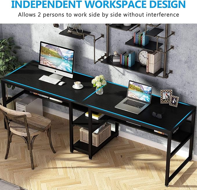 Tribesigns Two Person Desk with Bookshelf, 78.7 Computer Office Double Desk for Two Person, Rustic Writing Desk Workstation with Shelf for Home Office (Black)