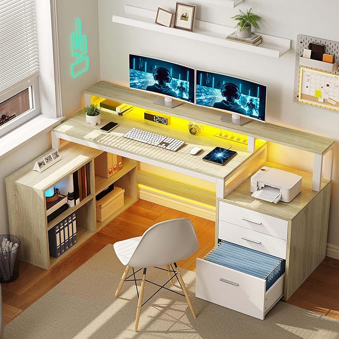 DWVO L Shaped Desk with Drawers, 65" Computer Desk with Power Outlets & LED Lights, Corner Home Office Desk with Storage Shelves & Printer Stand, White & Oak