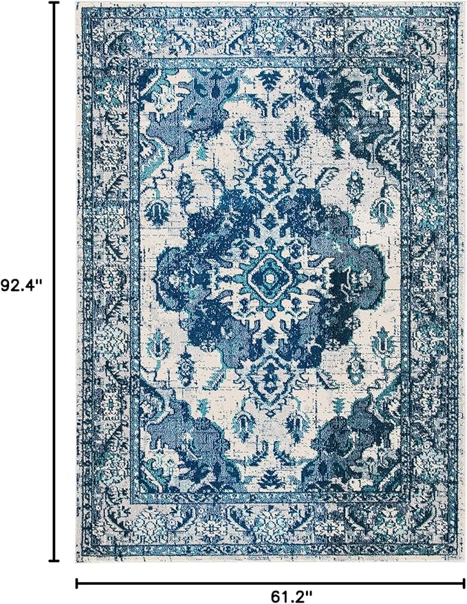 SAFAVIEH Monaco Collection Area Rug - 5'1" x 7'7", Ivory & Blue, Boho Chic Medallion Distressed Design, Non-Shedding & Easy Care, Ideal for High Traffic Areas in Living Room, Bedroom (MNC243A)