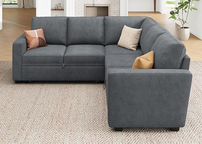 HONBAY Modular Sectional Sleeper Sofa with Pull Out Bed, Chenille L Shaped Couch with Storage Seats, Convertible Sectional Couches for Living Room, Bluish Grey