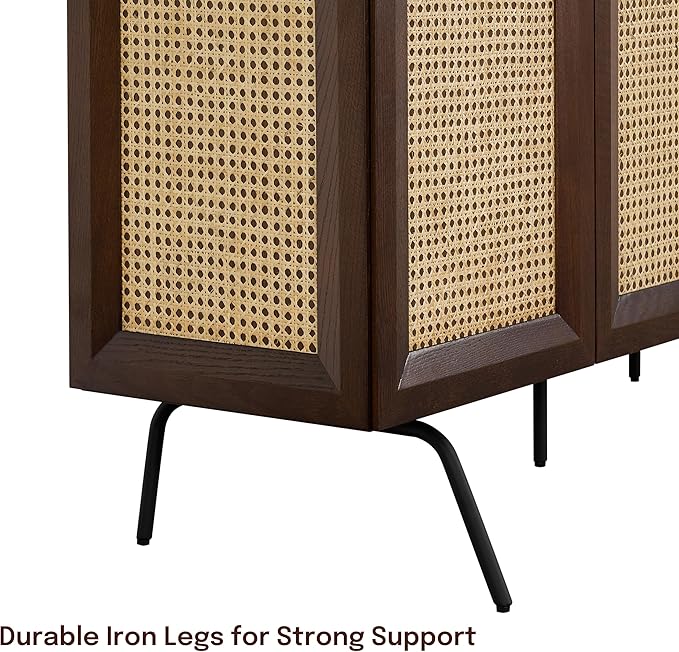 NTC MOSSIC Modern Sideboard with 3 Doors, Natural Rattan Storage Cabinet, Buffet with Metal Legs, Boho Accent Cabinet for Living Room, and Entryway, Effortless Assembly - Dark Walnut