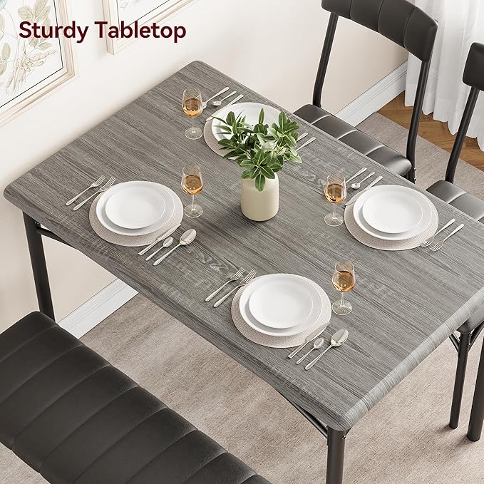 GarveeHome Dining Table Set for 4, Kitchen Table with Upholstered Chairs and Bench, Wood Rectangular Dining Table and Chairs Set for Small Space, Apartment, Dinner, Rustic Gray