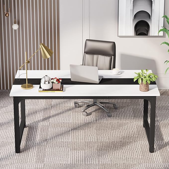 LITTLE TREE 70.8 Inch X-Large Executive Computer Office Desk, White+Black