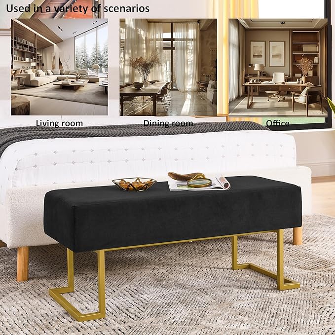 Modern Style Bedroom Double Seat Bench, Cushioned Bed end Stool, Living Room Sofa Stool, Footstool with Golden Iron Legs, Suitable for Bedroom and Living Room (Black, 39.37"x15.74"X16.53")