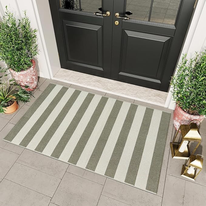 OJIA Outdoor Rug 3'x5', Washable Entryway Rugs Indoor Fall Front Door Mat Cotton Woven Checkered Front Door Rug Small Area Rug Halloween Doormat for Porch Kitchen Patio Bathroom (Green/White/Tan)