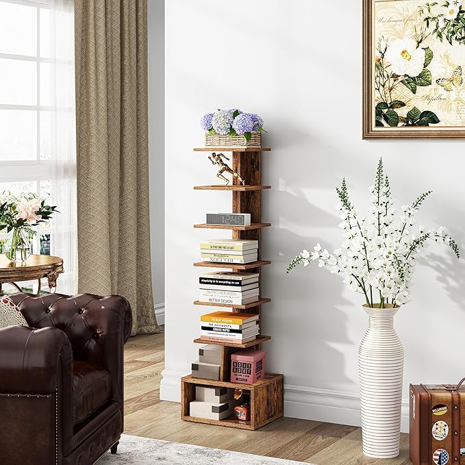 TUTOTAK Narrow Bookshelf, Vertical 8-Tier Bookcase, Spine Book Shelf for Small Space, Small Standing Shelf for Living Room, Office, Study, Entryway, Brown BS07BB008