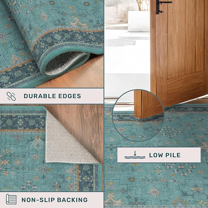 Boho 2x6 Non Slip Kitchen Rug Runner - Teal Washable Rug for Bathroom, Laundry Room, Hallway, Non Slip with Rubber Backing, Floral Aqua Blue Unique Runner Décor